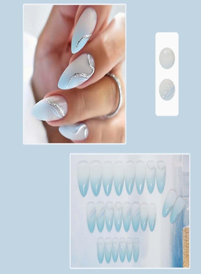 YoYoee Short Almond Press on Nails Glitter False Nails Gradient Nails Tips Full Cover Swirl Fake Nails for Women and Girls 24PCS - Image 2